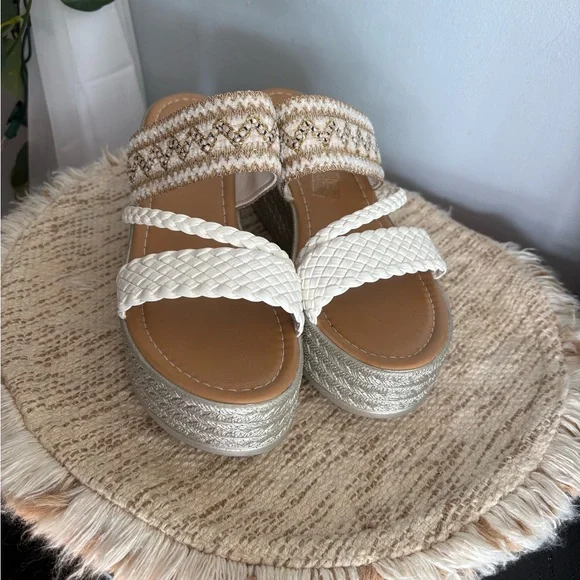 Braided Wedge Sandals - Cream and Tan - Picture 2 of 4